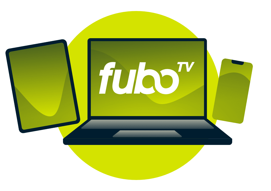 Un port&aacute;til, una tableta y un tel&eacute;fono con el logotipo de fuboTV.