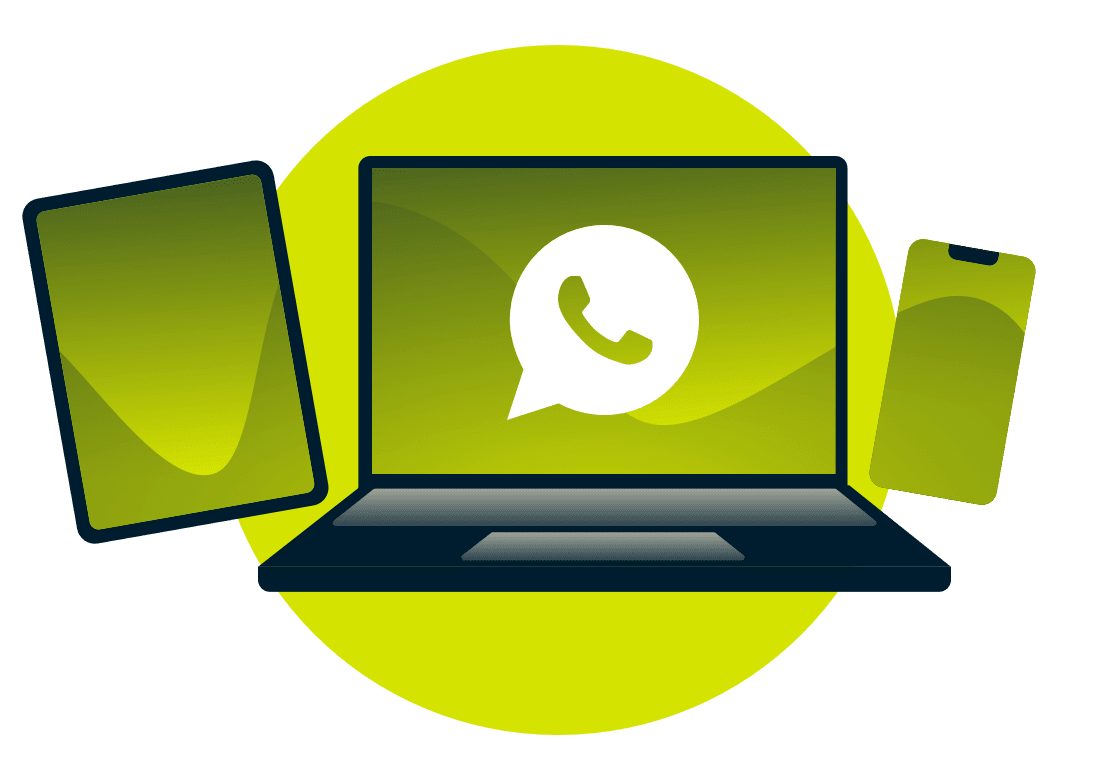 En b&aelig;rbar PC, nettbrett og telefon med WhatsApp-logoen.